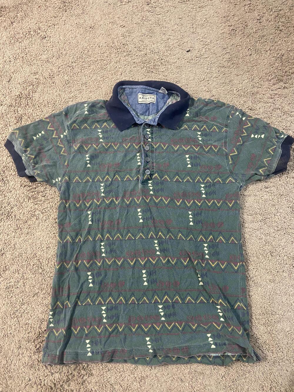 Arizona Jean Company Polo Shirt Mens XL Green Geometric Pattern Cotton Aztec